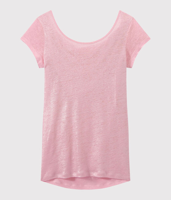 Women's iridescent linen tee with cowl neck at the back BABYLONE pink/ARGENT grey