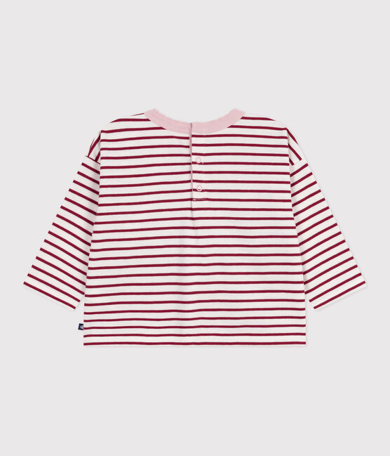 Babies' long-sleeved stripy cotton T-Shirt MILK red/AMARANTE