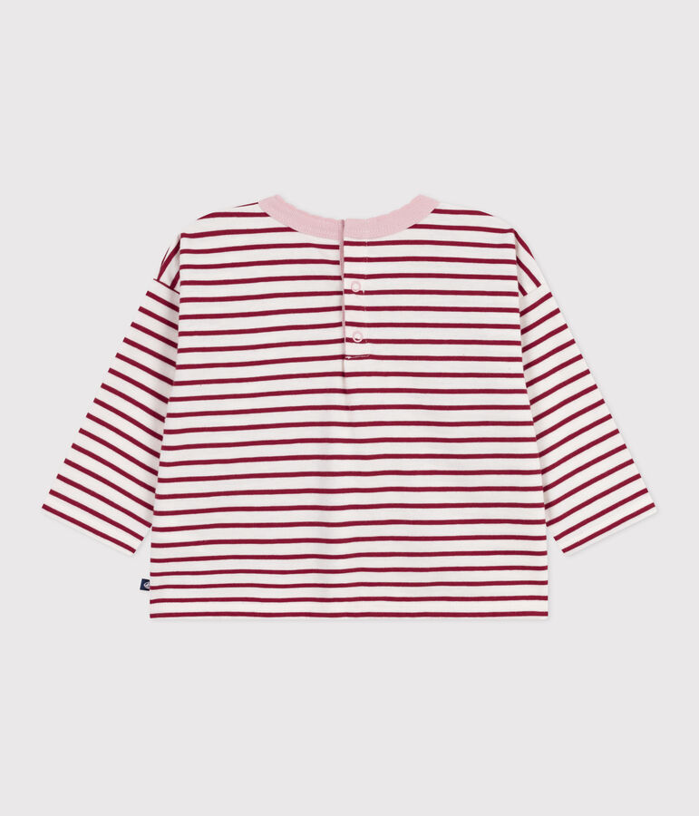 Babies' long-sleeved stripy cotton T-Shirt Ecru/red