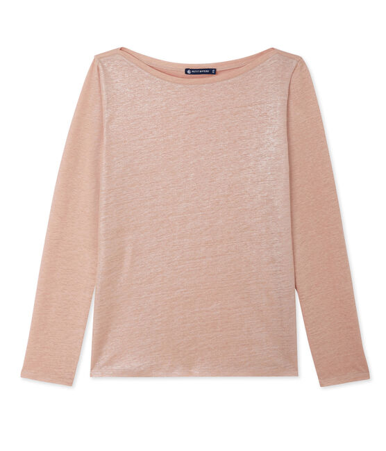 Women's long-sleeved lacquered linen tee ROSE pink/ARGENT grey