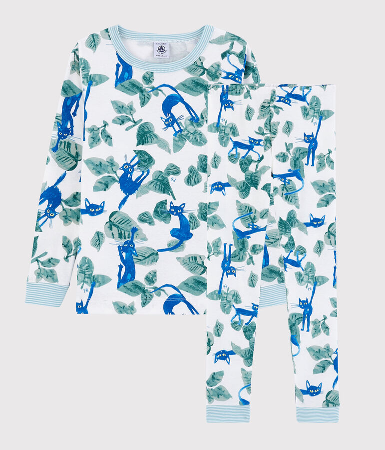 Boys' Snugfit Cat Print Cotton Pyjamas MARSHMALLOW white/MULTICO white