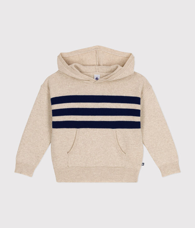 Boys' wool and cotton hooded jumper Ecru/blue