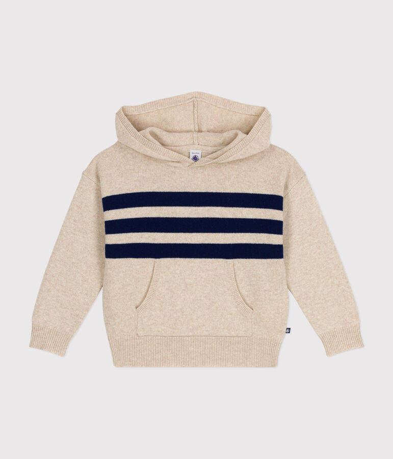 Boys' wool and cotton hooded jumper Ecru/blue