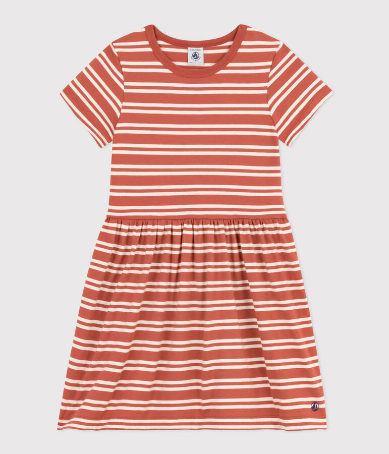 Girls' Stripy Short-Sleeved Cotton Dress brown/ecru