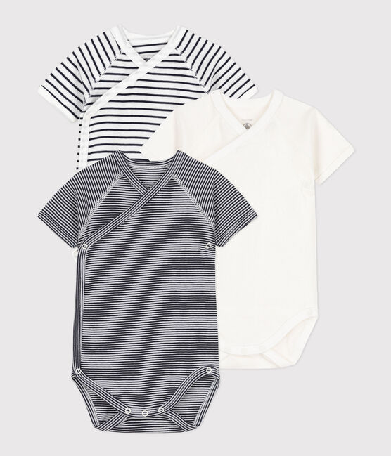 PACK OF 3 SHORT-SLEEVED WRAPOVER BABY BODYSUITS IN STRIPY COTTON variante 1