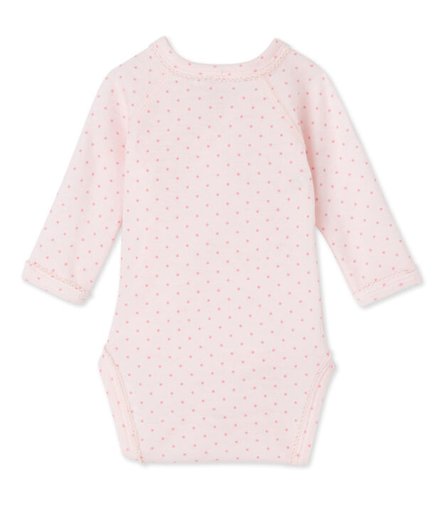 Newborn baby girls' long-sleeved bodysuit in wool and cotton pink/pink
