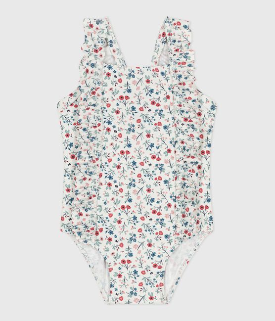 Babies' one-piece swimsuit with frills and a floral print. MARSHMALLOW white/MULTICO white