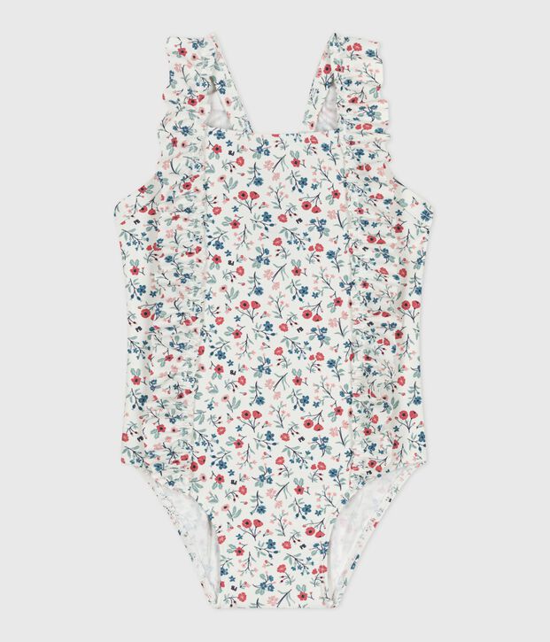 Babies' one-piece swimsuit with frills and a floral print. white/multicolor