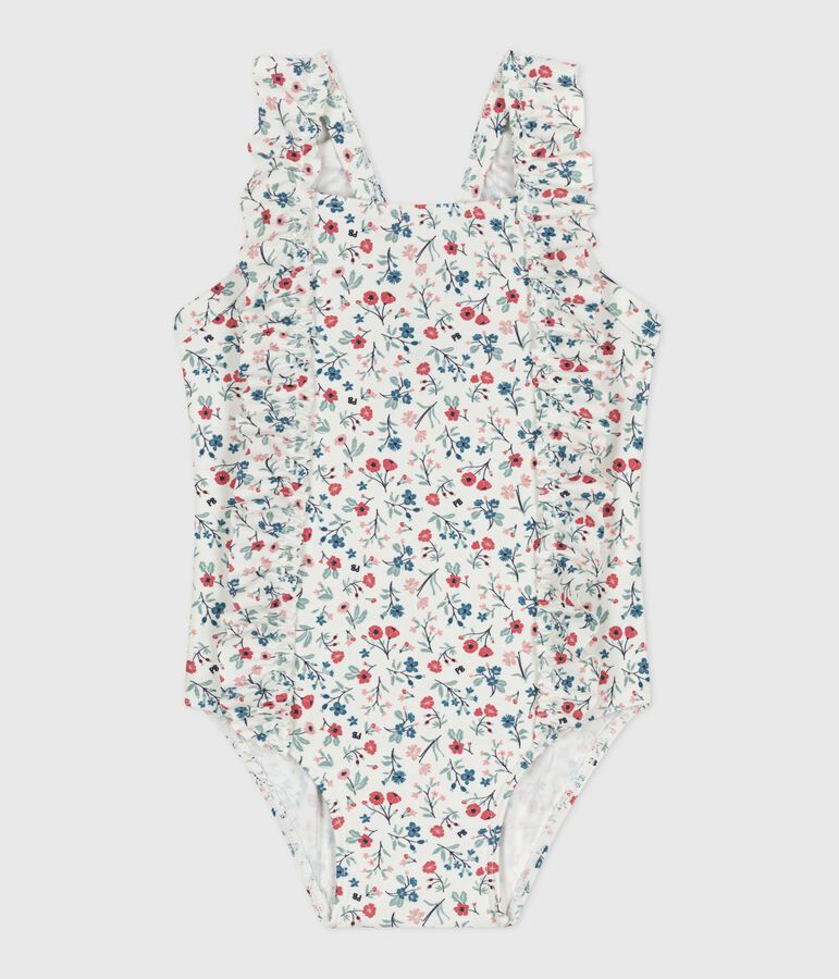 Babies' one-piece swimsuit with frills and a floral print. MARSHMALLOW white/MULTICO white