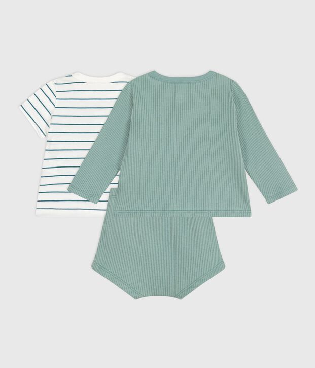Three-piece newborn set in cotton, including a stripy lemon design T-shirt green/multicolor