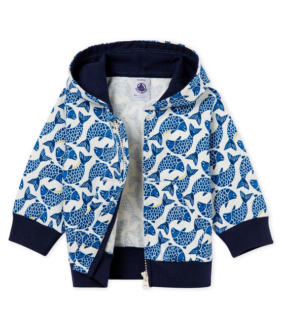 Baby boys' hooded zip up Sweatshirt in printed jersey MARSHMALLOW white/MULTICO white