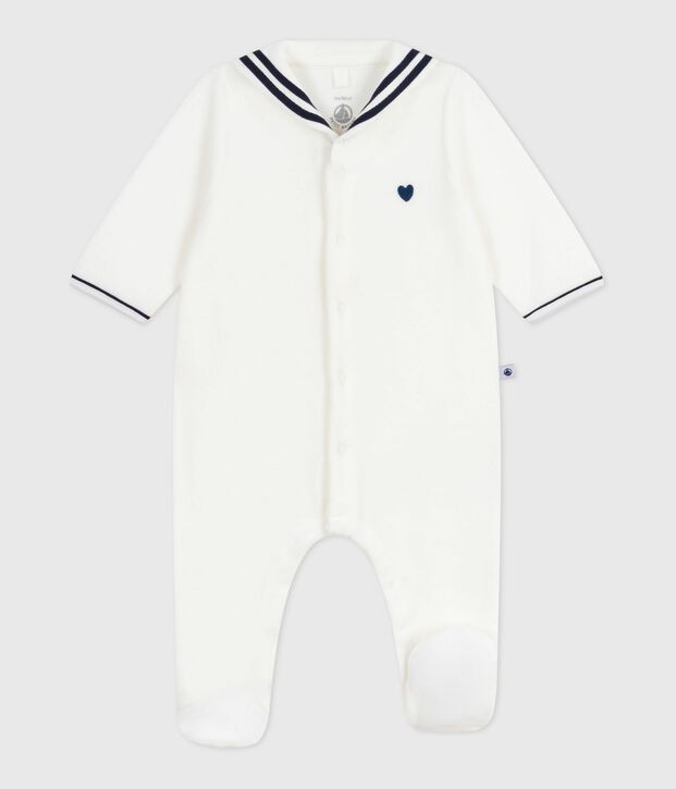 Babies' velour pyjama suit with a sailor collar white