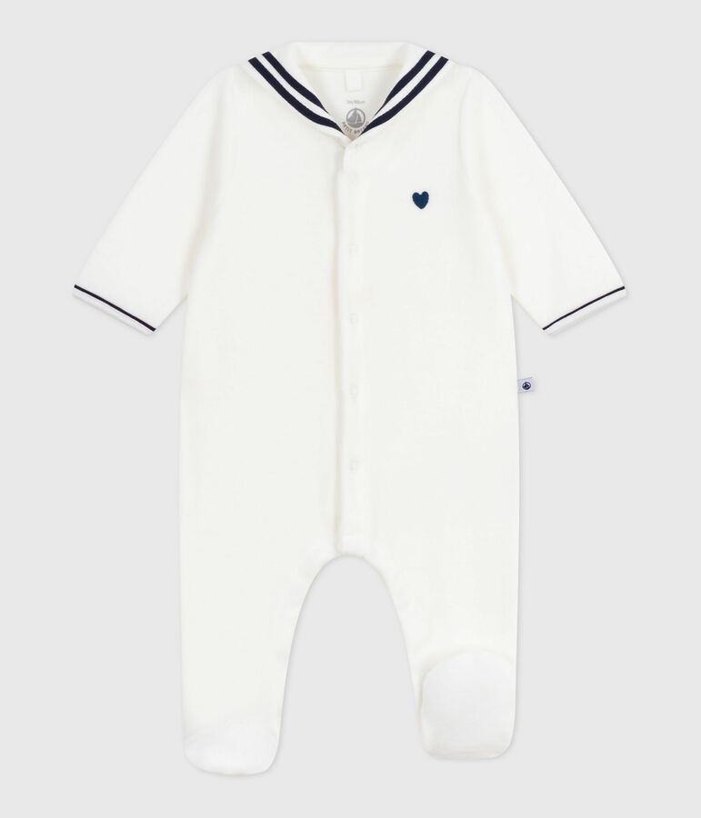 Babies' velour pyjama suit with a sailor collar MARSHMALLOW white
