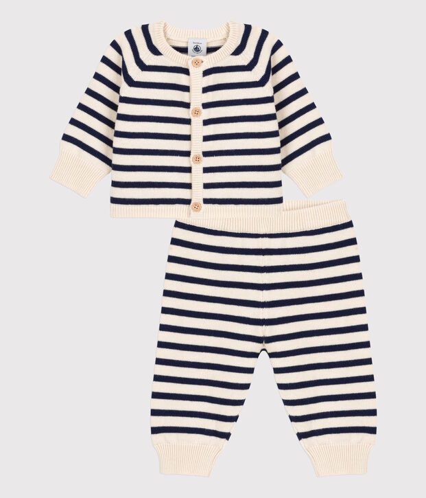 Babies' Wool/Cotton Knit Sailor Striped Clothing - 2-Piece Set Ecru/blue