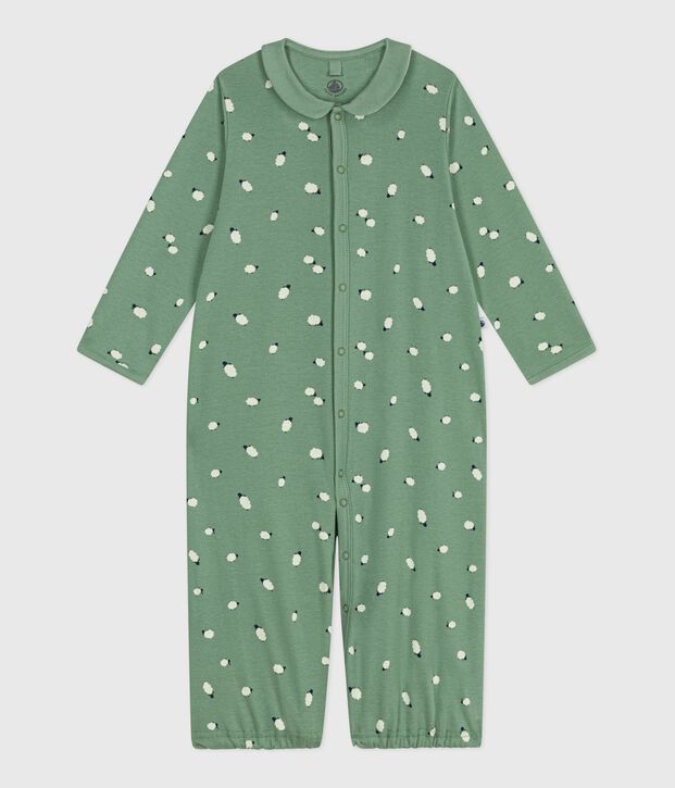 Babies' printed cotton jumpsuit/sleeping bag with a collar green/multicolor