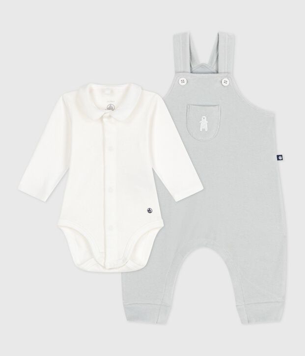 Babies' dungarees in plain cotton with stylish details blue/white