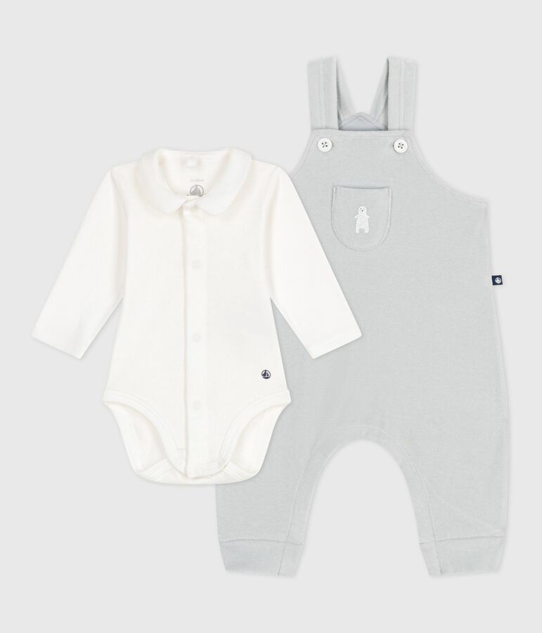 Babies' dungarees in plain cotton with stylish details blue/white