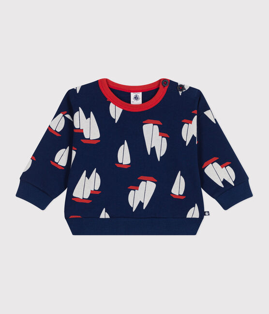 Babies' cotton sweatshirt with a large-scale boat print MEDIEVAL blue/MULTICO white