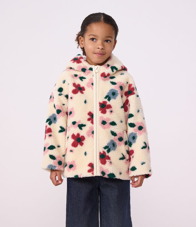 Children's hooded jacket in floral sherpa Ecru/multicolor