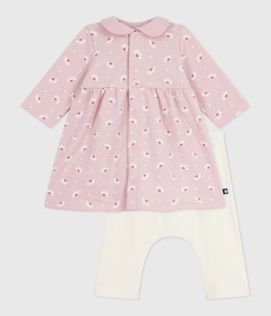 Babies' dress with a collar, printed with hearts and flowers, and leggings in cotton JOLI pink/MULTICO white