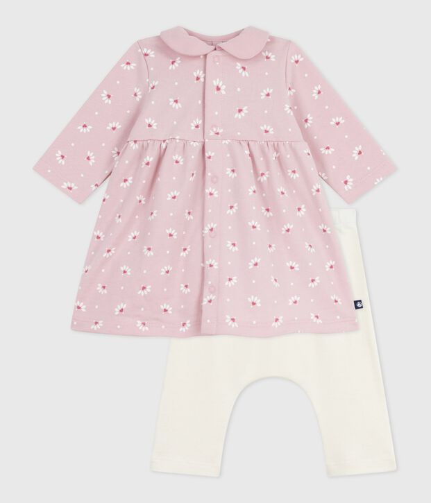Babies' dress with a collar, printed with hearts and flowers, and leggings in cotton pink/multicolor