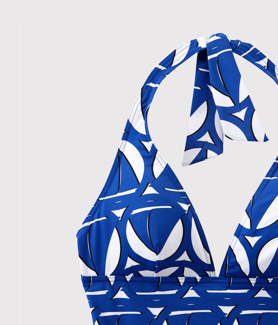 Women's printed one-piece swimsuit MARSHMALLOW white/PERSE blue/MULTICO