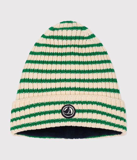 Children's stripy knitted beanie hat lined in polar fleece AVALANCHE green/JARDIN