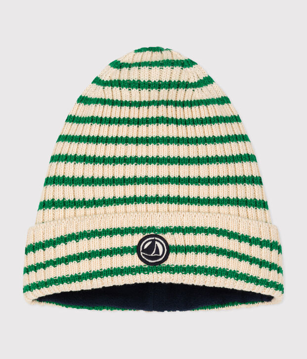 Children's stripy knitted beanie hat lined in polar fleece Ecru/green