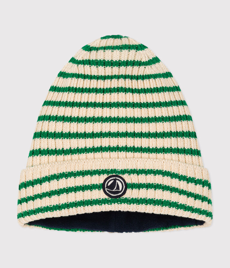 Children's stripy knitted beanie hat lined in polar fleece AVALANCHE green/JARDIN