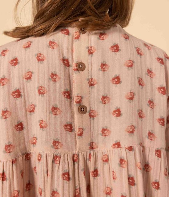 Girls' long-sleeved floral cotton gauze dress SALINE pink/MULTICO white