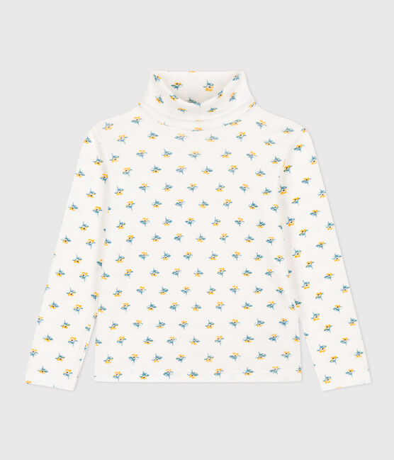 Girls' floral print cotton polo neck MARSHMALLOW white/MULTICO white