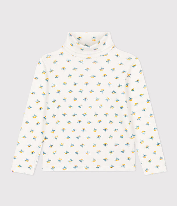 Girls' floral print cotton polo neck white/multicolor