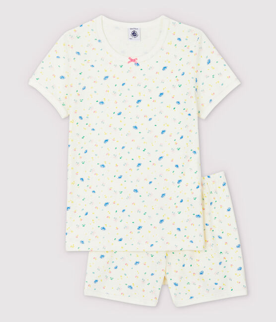 Girls' Floral Cotton and Linen Blend Short Pyjamas MARSHMALLOW white/MULTICO white