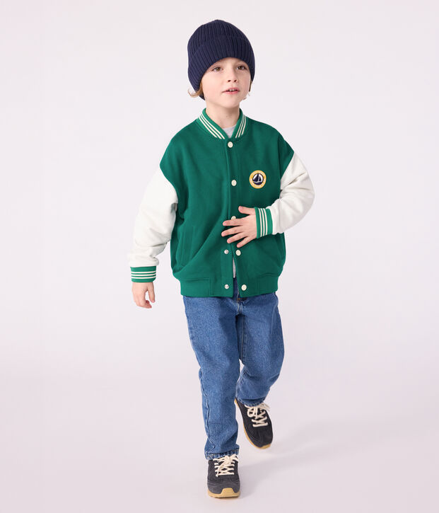 Children's varsity-style jacket in plain cotton green/ecru