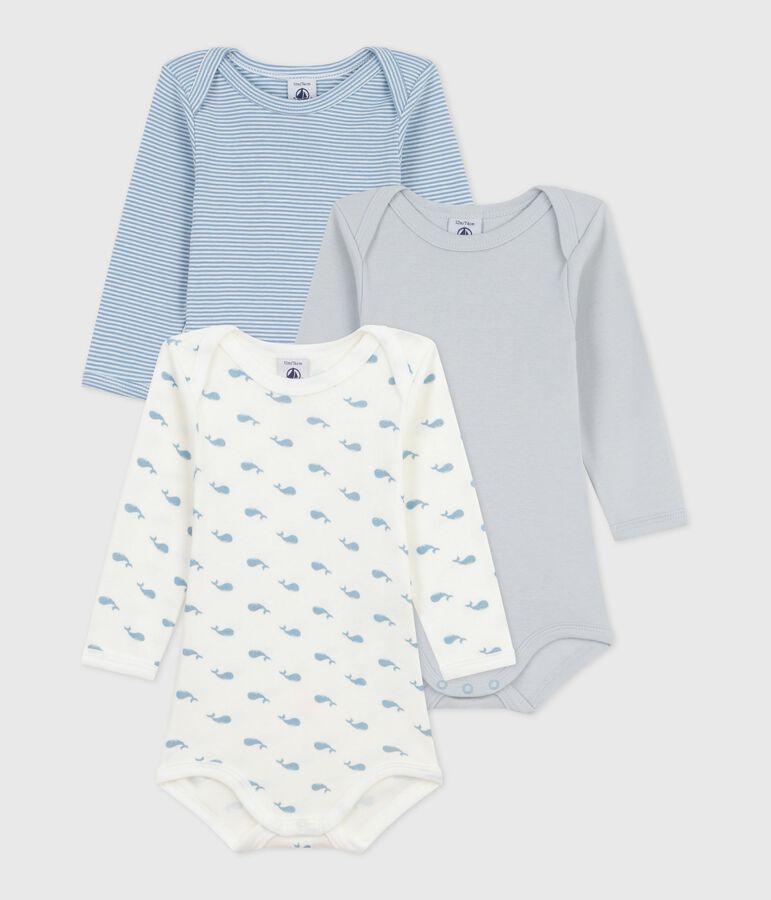 Pack of babies' long-sleeved whale-print cotton bodies multicolor