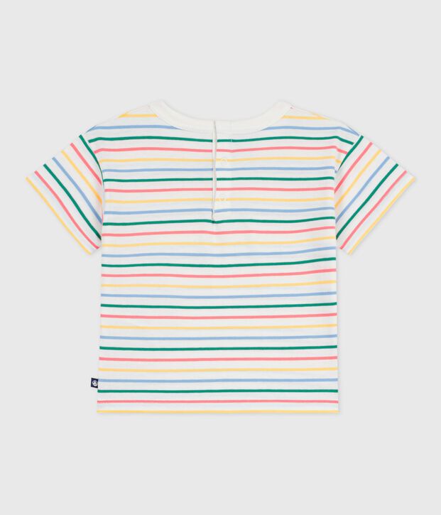 Babies' short-sleeved stripy cotton T-shirt white/multicolor