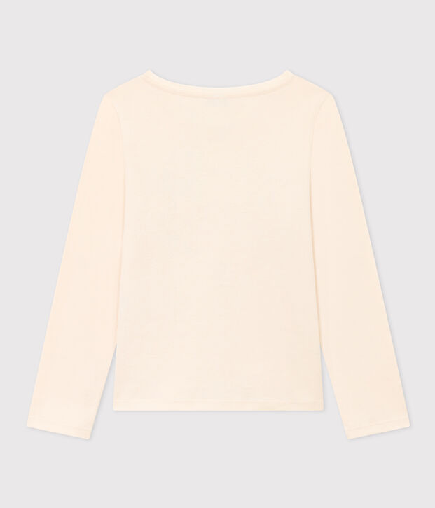 Girls' long-sleeved cotton T-shirt Ecru/blue