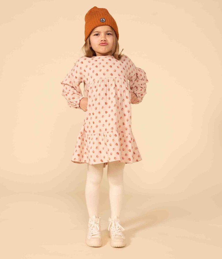 Girls' long-sleeved floral cotton gauze dress pink/multicolor