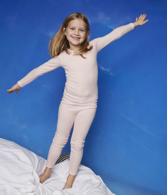 Girls' Pinstriped Wool and Cotton Leggings CHARME pink/MARSHMALLOW white