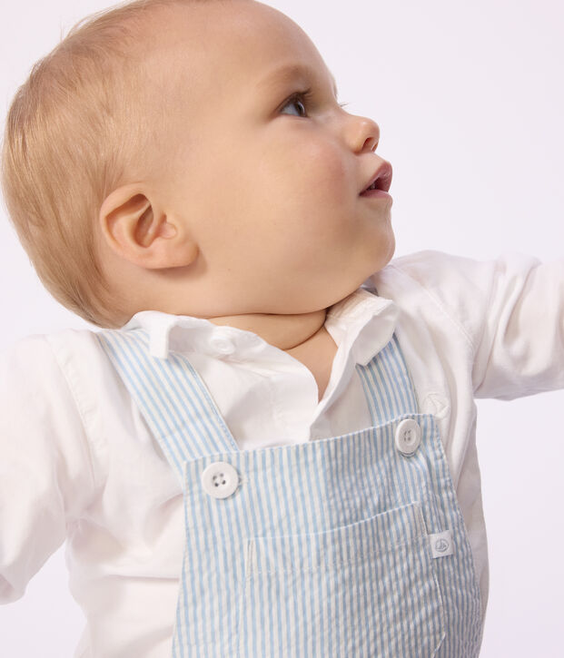 Babies' short-legged stripy cotton dungarees blue/blue