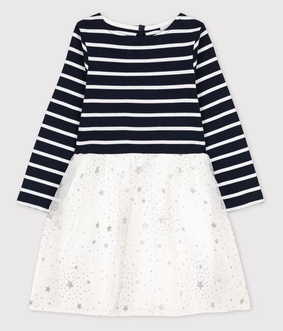 Girls' Long-Sleeved Cotton/Tulle Dress SMOKING blue/MARSHMALLOW white