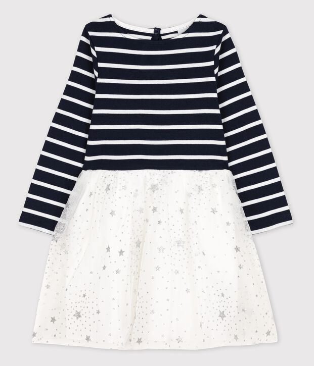 Girls' Long-Sleeved Cotton/Tulle Dress blue/white