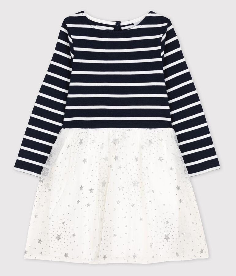 Girls' Long-Sleeved Cotton/Tulle Dress blue/white