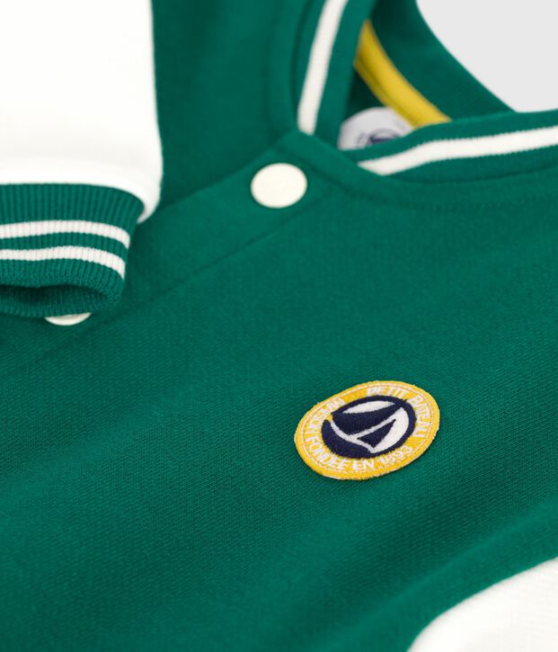 Babies' varsity-style cotton jacket in two colours green/ecru