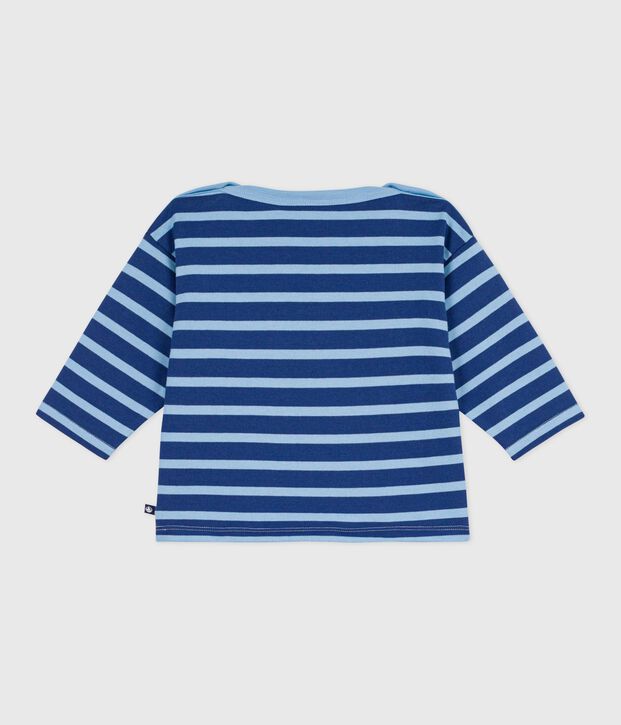 Babies' cotton Breton top with a seagull badge blue/blue