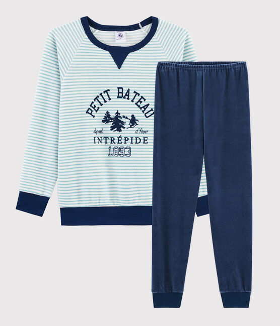 Boys' Yeti Motif Velour Pyjamas MEDIEVAL blue/MULTICO white