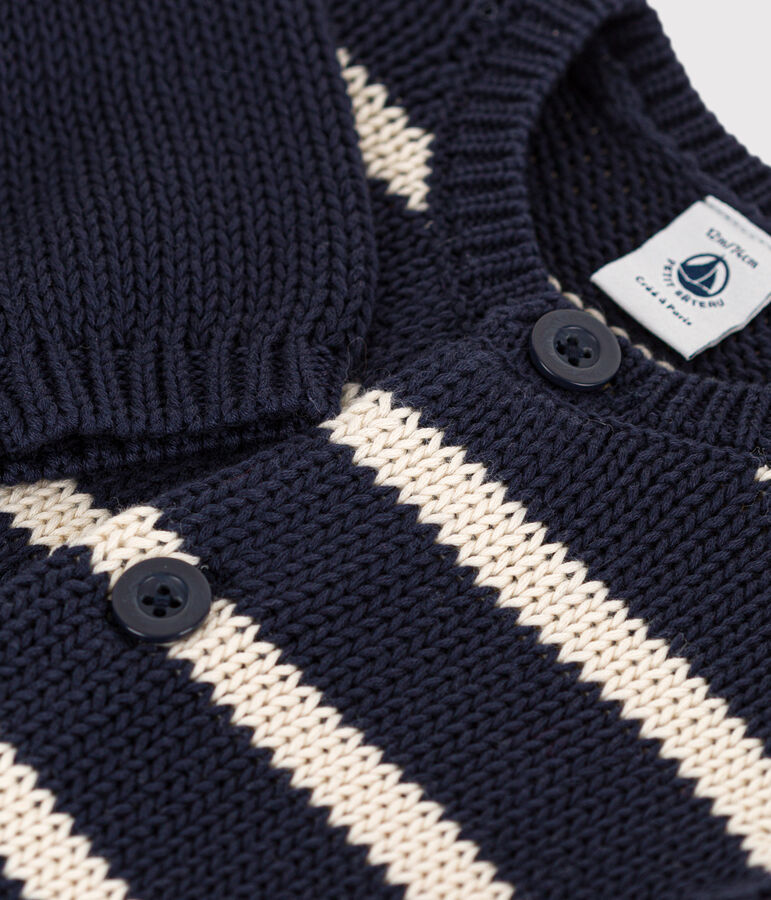 Babies' Stripy Knitted Cotton Cardigan blue/ecru