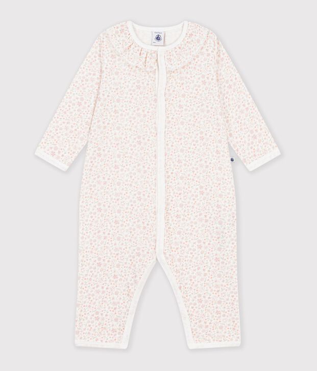 Babies' footless flower-print cotton pyjama suit with a collar white/multicolor