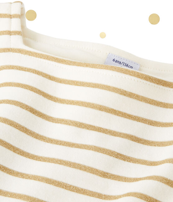 Girl's dual fabric dress with shiny stripes COQUILLE beige/LUREX DORE yellow
