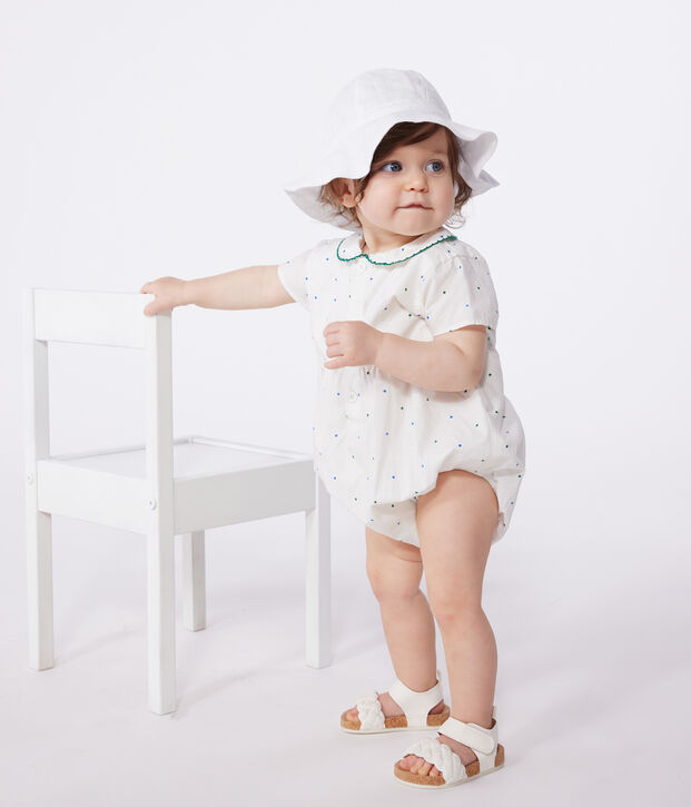 Babies' short-sleeved spotty print cotton rompers with a collar white/multicolor